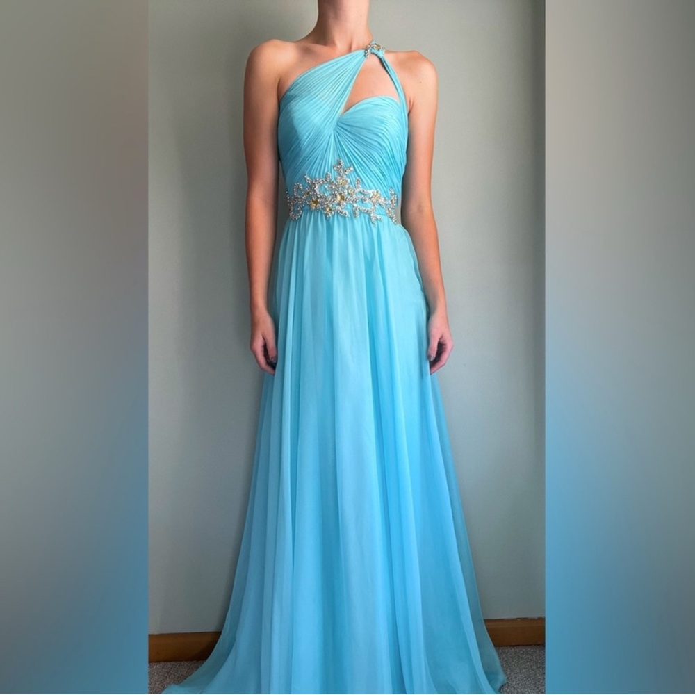 Sherri Hill Teal One Shoulder Gown
